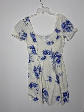 Neon Rose Cream Blue Floral Puff Sleeve Cotton Mini Dress Womens XS Open Back